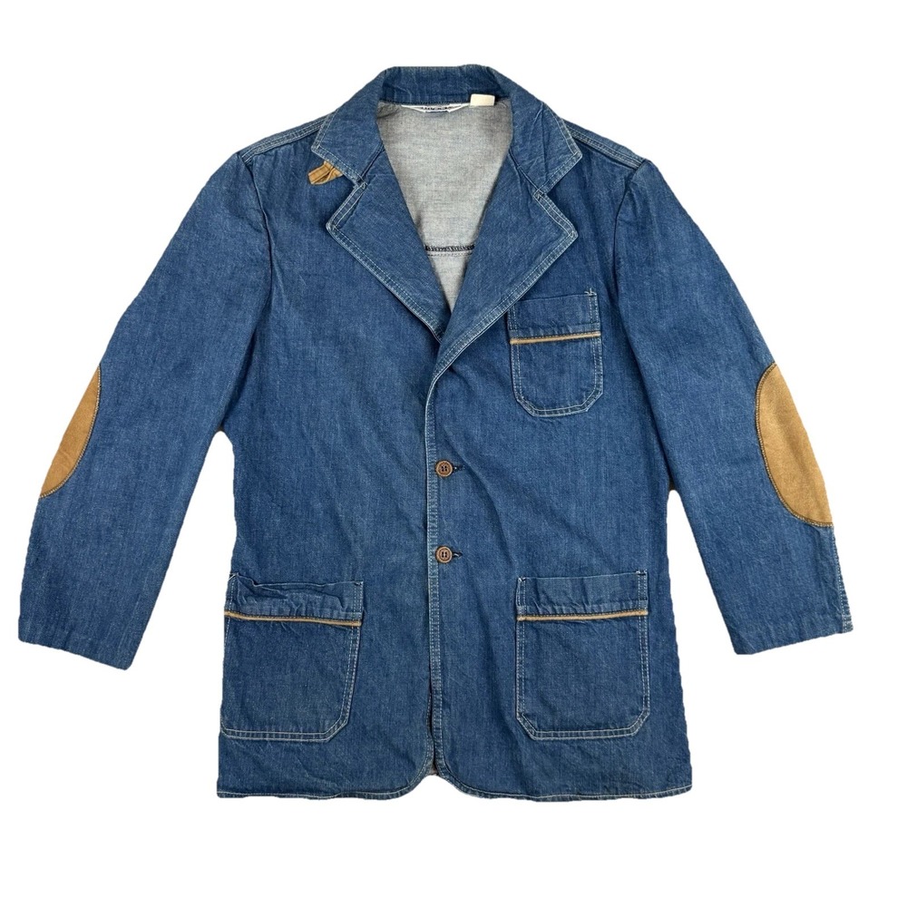 Outlooks Blue 70s Vtg Denim Jacket Womens Sz L Elbow Patches Tailored Buckle USA